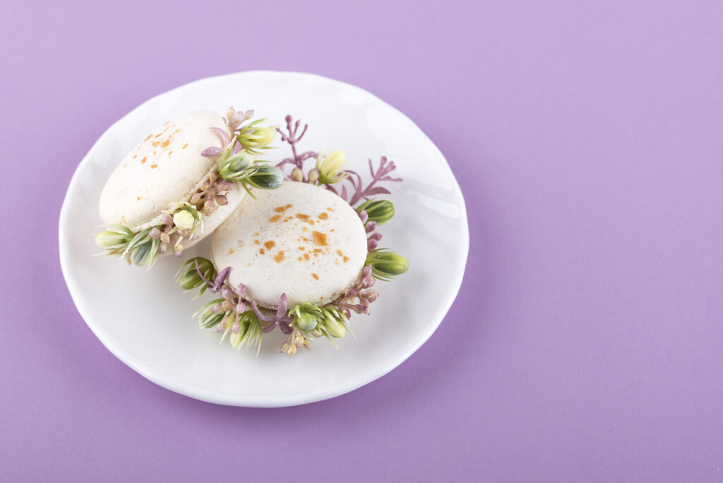 eco-macarons-with-flowers-plate-high-angle